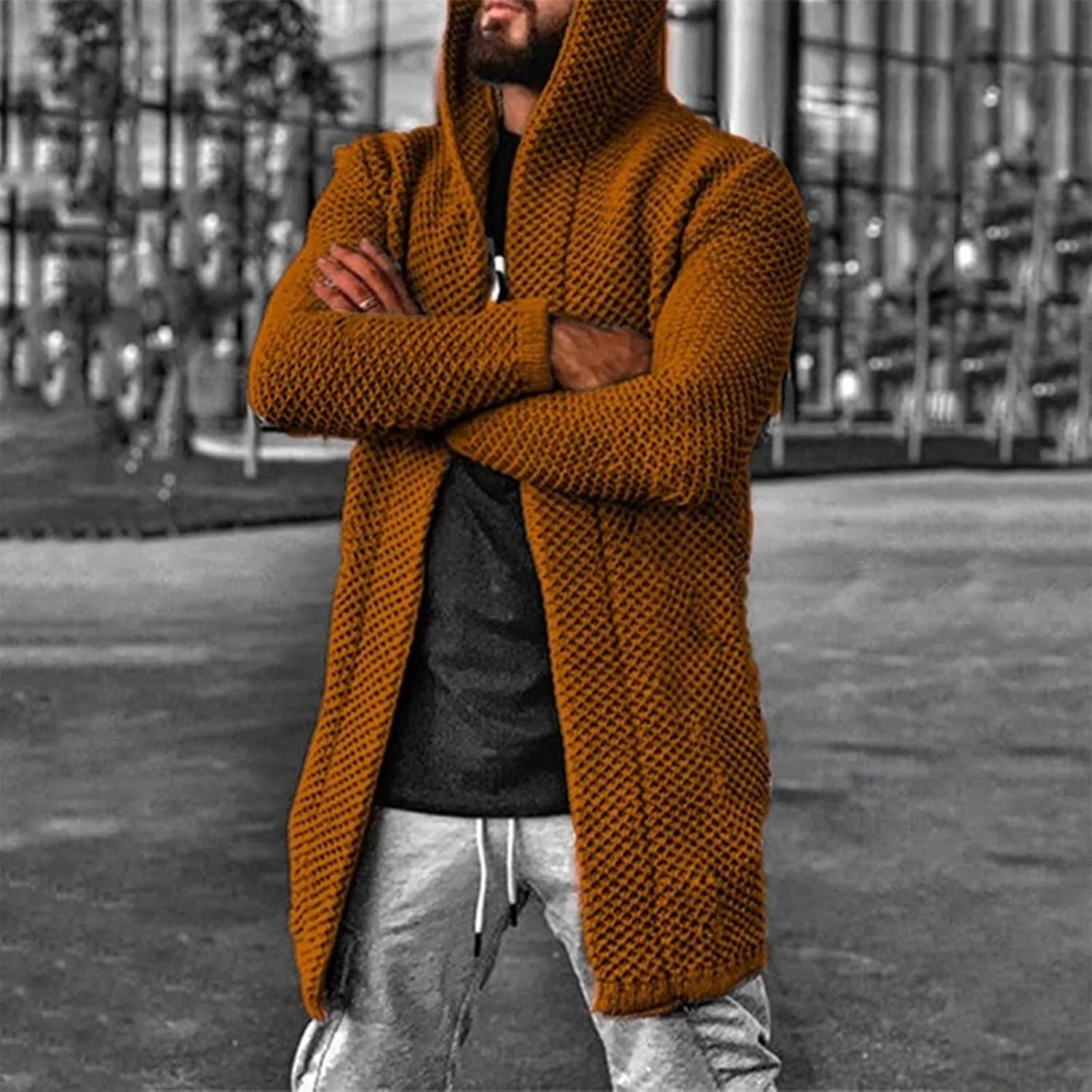 Ymosrh Men's Coat Jacket Long Cardigan Open Front Fall Casual Winter Warm Knit Sweater Coat Fashion Outwear, XL-5XL