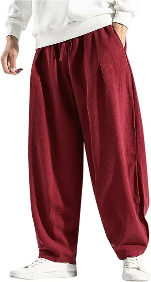 Ymosrh Thick Winter Pants for Men Linen Harem Pants Cotton Casual Trousers Wide Leg Pants Lightweight Big and Tall
