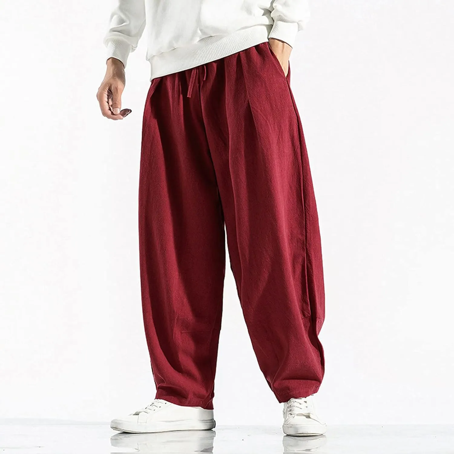 Ymosrh Thick Winter Pants for Men Linen Harem Pants Cotton Casual Trousers Wide Leg Pants Lightweight Big and Tall