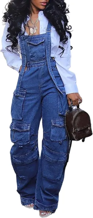 YOOTIKO Women Denim Overalls Jean Jumpsuit Cargo Pants Baggy Straight Leg Bib Jean Romper Streetwear