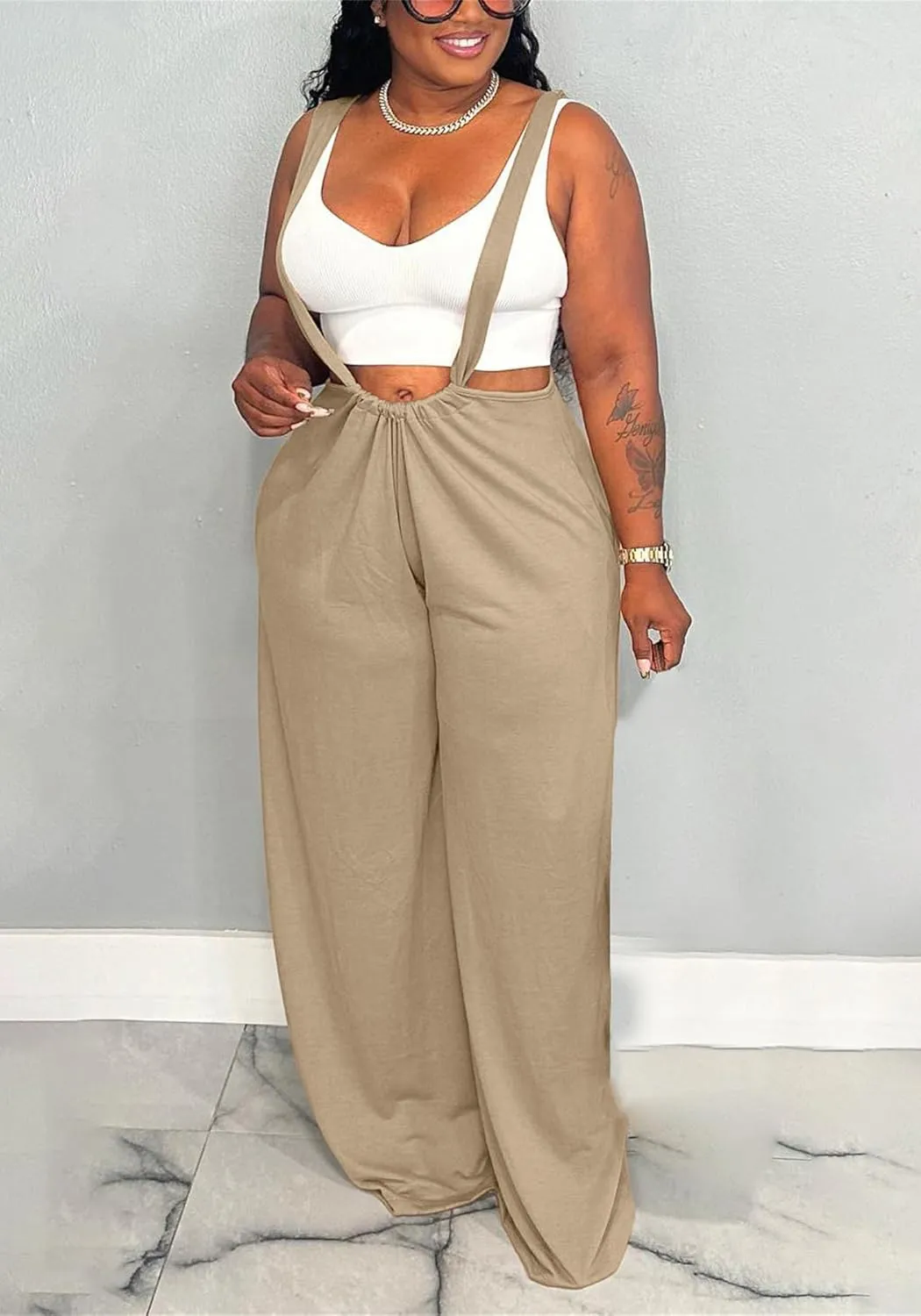 YOOTIKO Womens Suspender Overalls Loose Fit High Waisted Tie Back Wide Leg Pants Casual Jumpsuit Romper