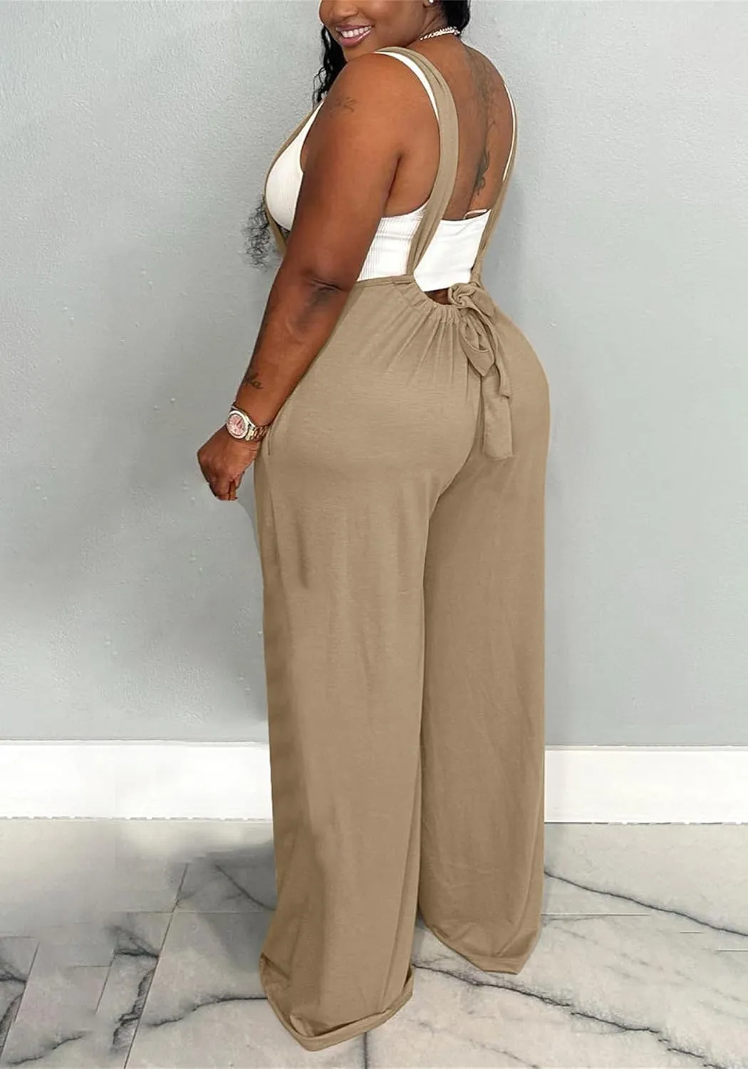YOOTIKO Womens Suspender Overalls Loose Fit High Waisted Tie Back Wide Leg Pants Casual Jumpsuit Romper