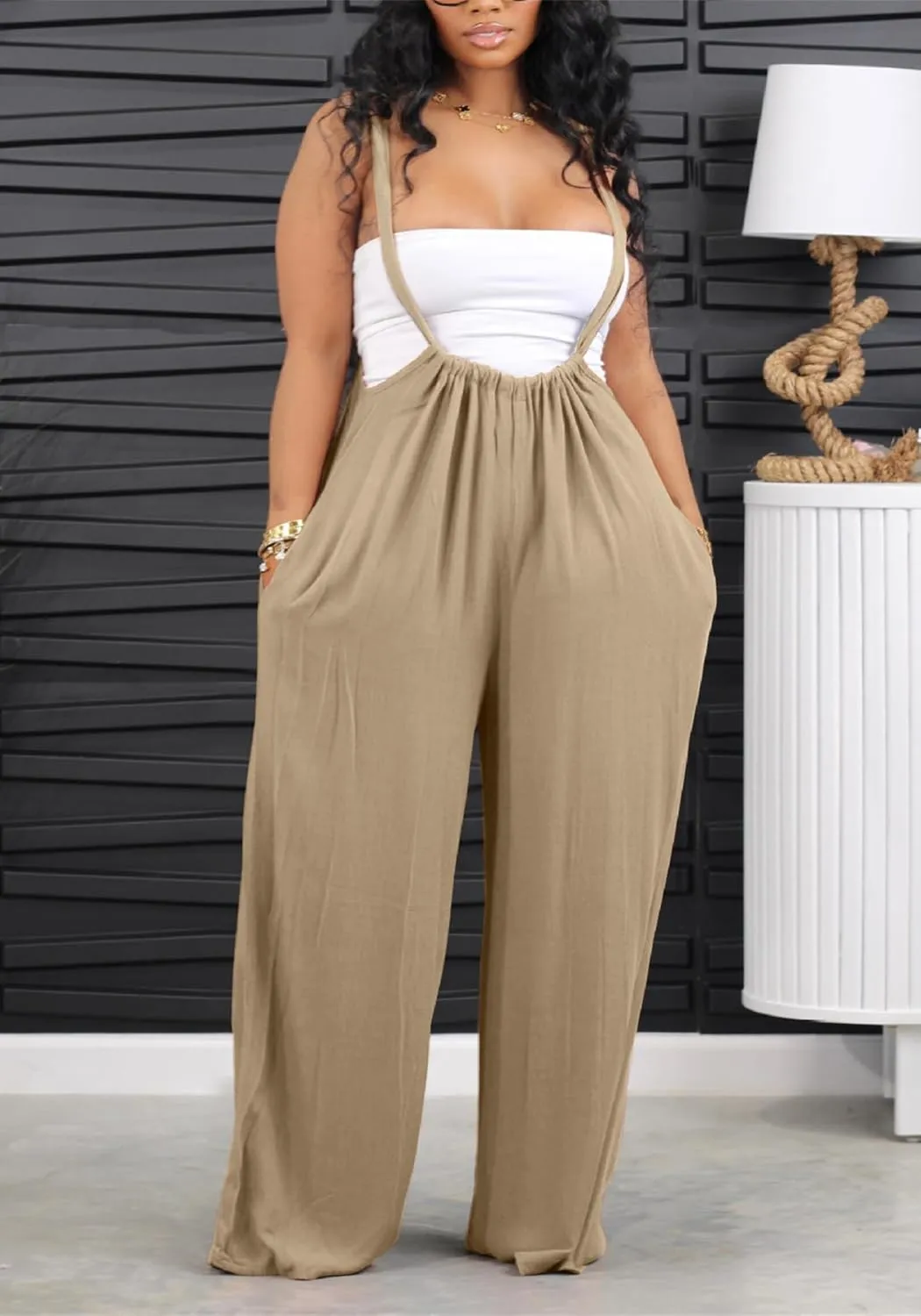 YOOTIKO Womens Suspender Overalls Loose Fit High Waisted Tie Back Wide Leg Pants Casual Jumpsuit Romper