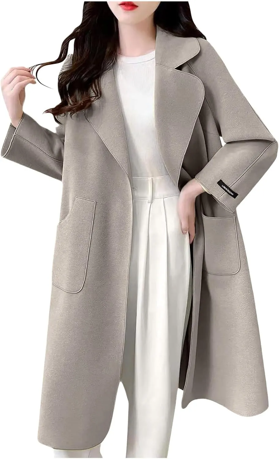 YRAETENM Long Cardigans for Women Warm Open Fron Notched Lapel Collar Pea Coat Casual Fall Winter Woolen Blend Trench Coats