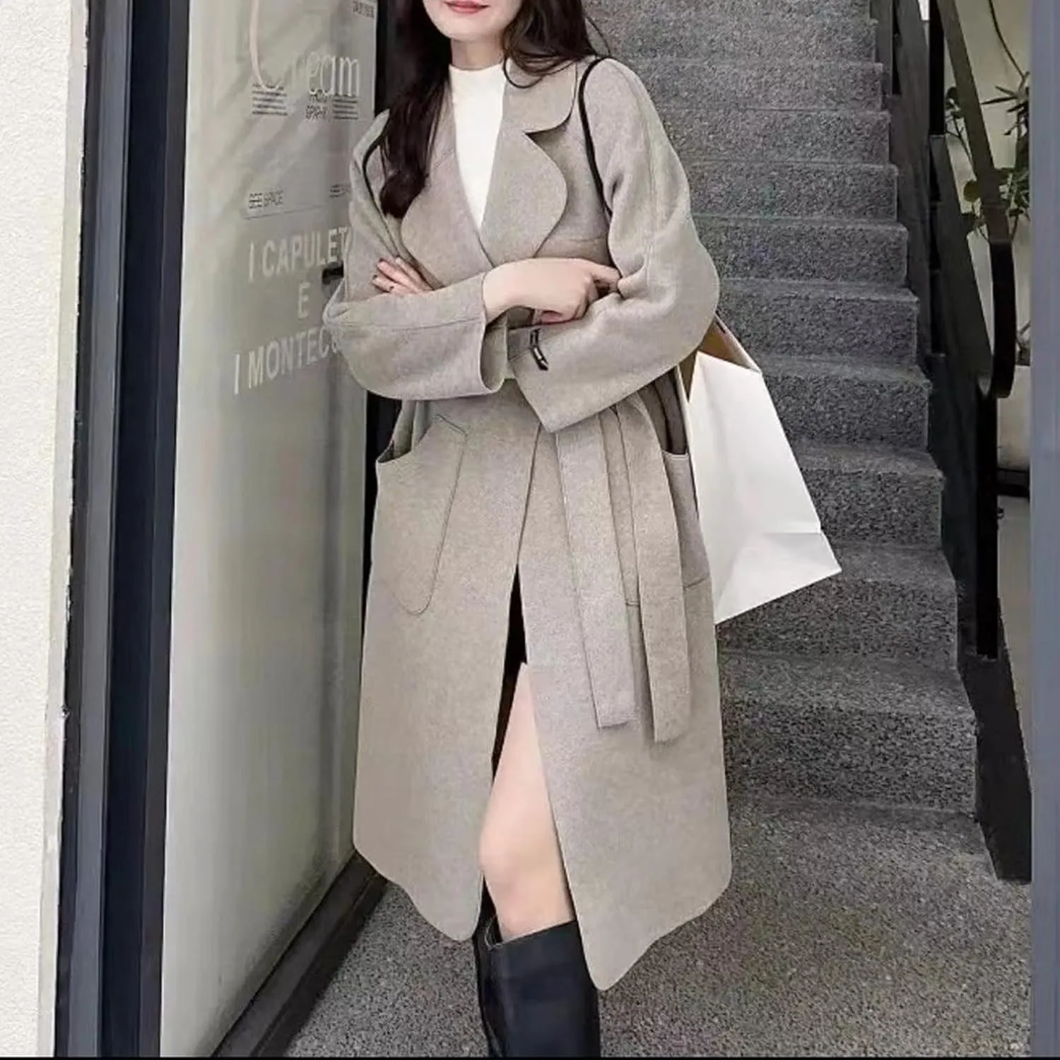 YRAETENM Long Cardigans for Women Warm Open Fron Notched Lapel Collar Pea Coat Casual Fall Winter Woolen Blend Trench Coats