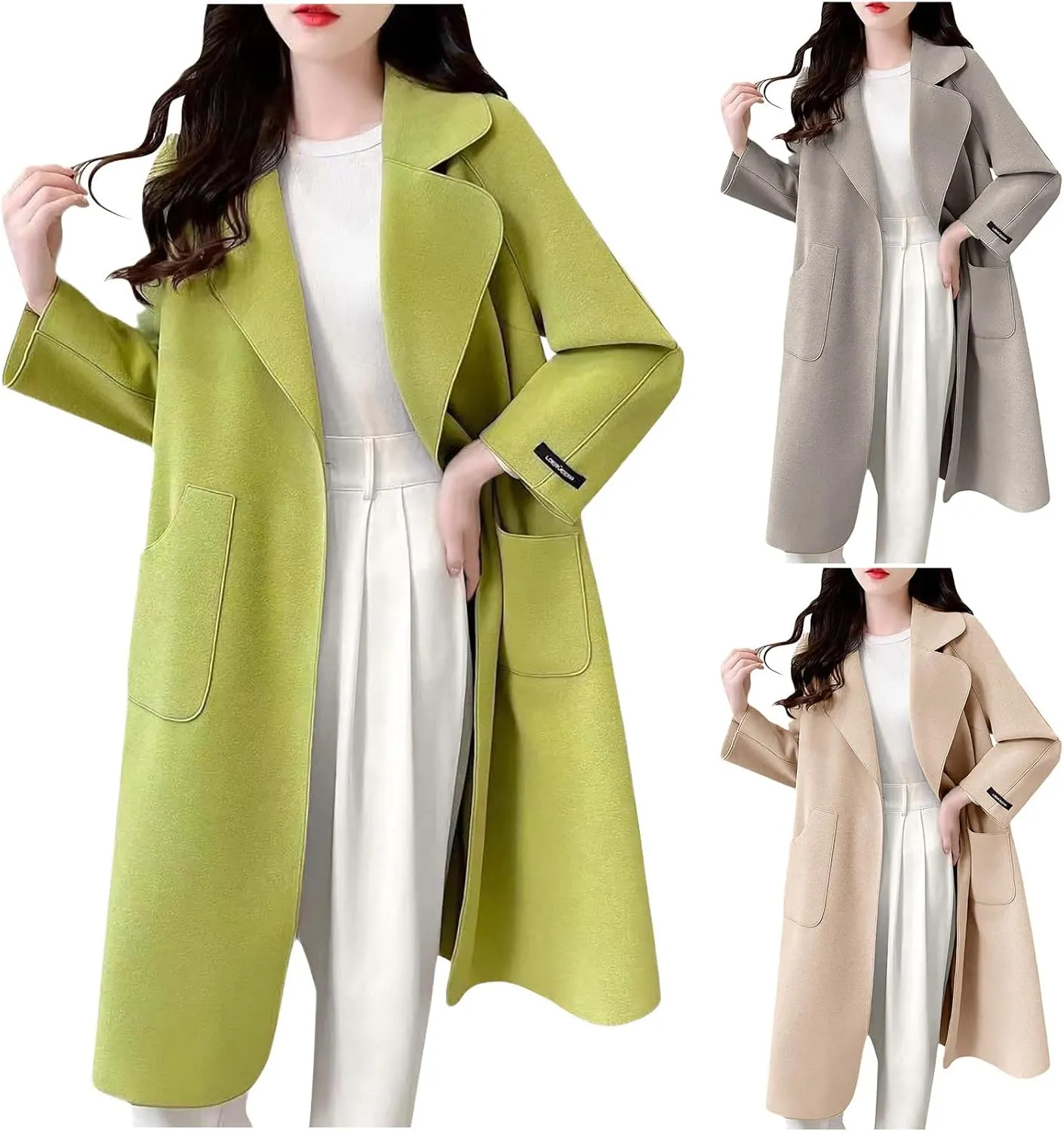 YRAETENM Long Cardigans for Women Warm Open Fron Notched Lapel Collar Pea Coat Casual Fall Winter Woolen Blend Trench Coats