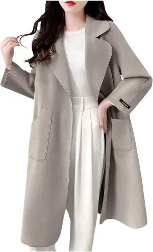 YRAETENM Long Cardigans for Women Warm Open Fron Notched Lapel Collar Pea Coat Casual Fall Winter Woolen Blend Trench Coats