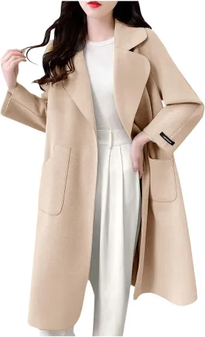 YRAETENM Long Cardigans for Women Warm Open Fron Notched Lapel Collar Pea Coat Casual Fall Winter Woolen Blend Trench Coats