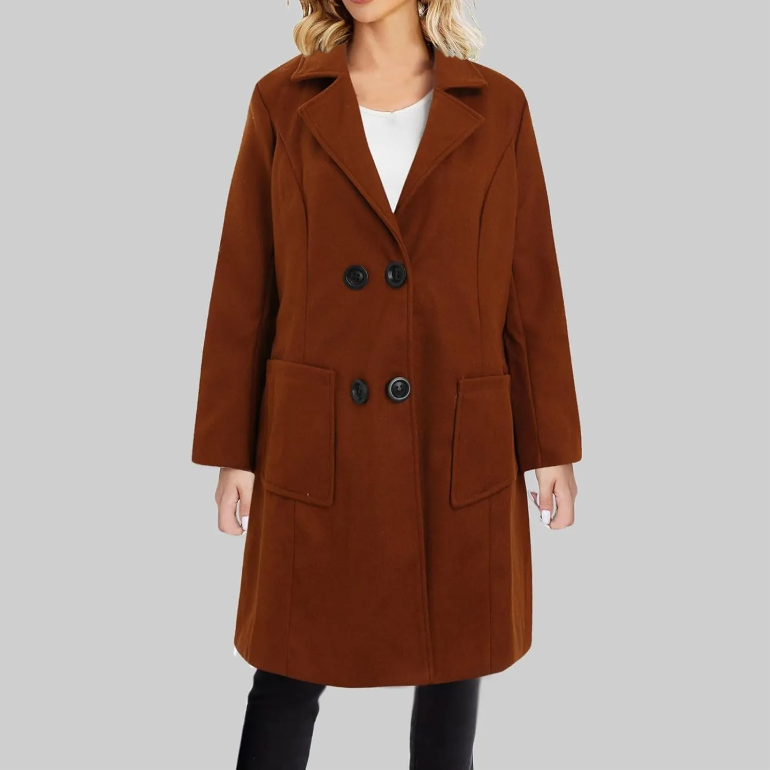 YRAETENM Long Wool Coats for Women Winter Notched Lapel Double Breasted Trench Coats Casual Chunky Warm Pea Coat Outwear