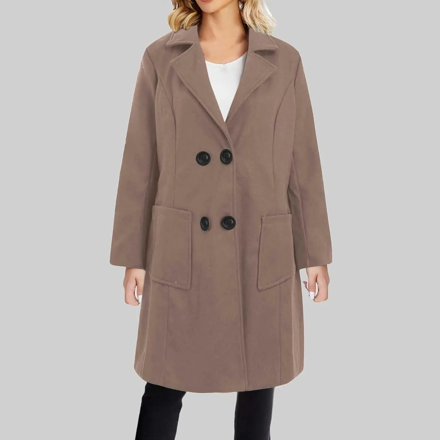 YRAETENM Long Wool Coats for Women Winter Notched Lapel Double Breasted Trench Coats Casual Chunky Warm Pea Coat Outwear