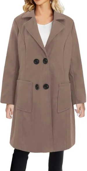 YRAETENM Long Wool Coats for Women Winter Notched Lapel Double Breasted Trench Coats Casual Chunky Warm Pea Coat Outwear