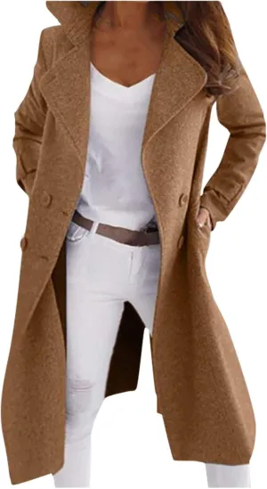 YRAETENM Pea Coats for Women Double Breasted Notched Lapel Winter Trench Coat Elegant Wool Blend over Coats Long Jackets