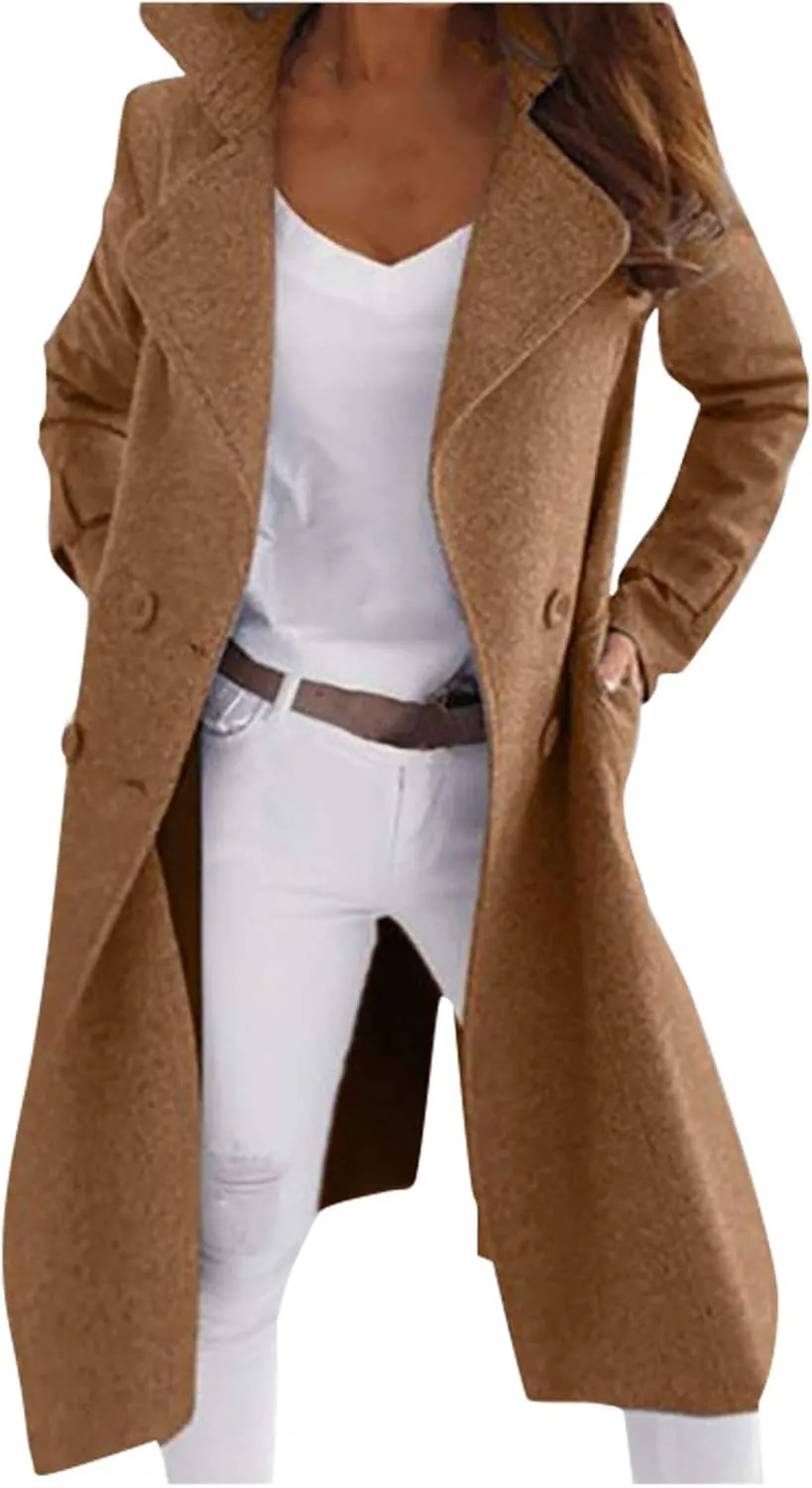 YRAETENM Pea Coats for Women Double Breasted Notched Lapel Winter Trench Coat Elegant Wool Blend over Coats Long Jackets