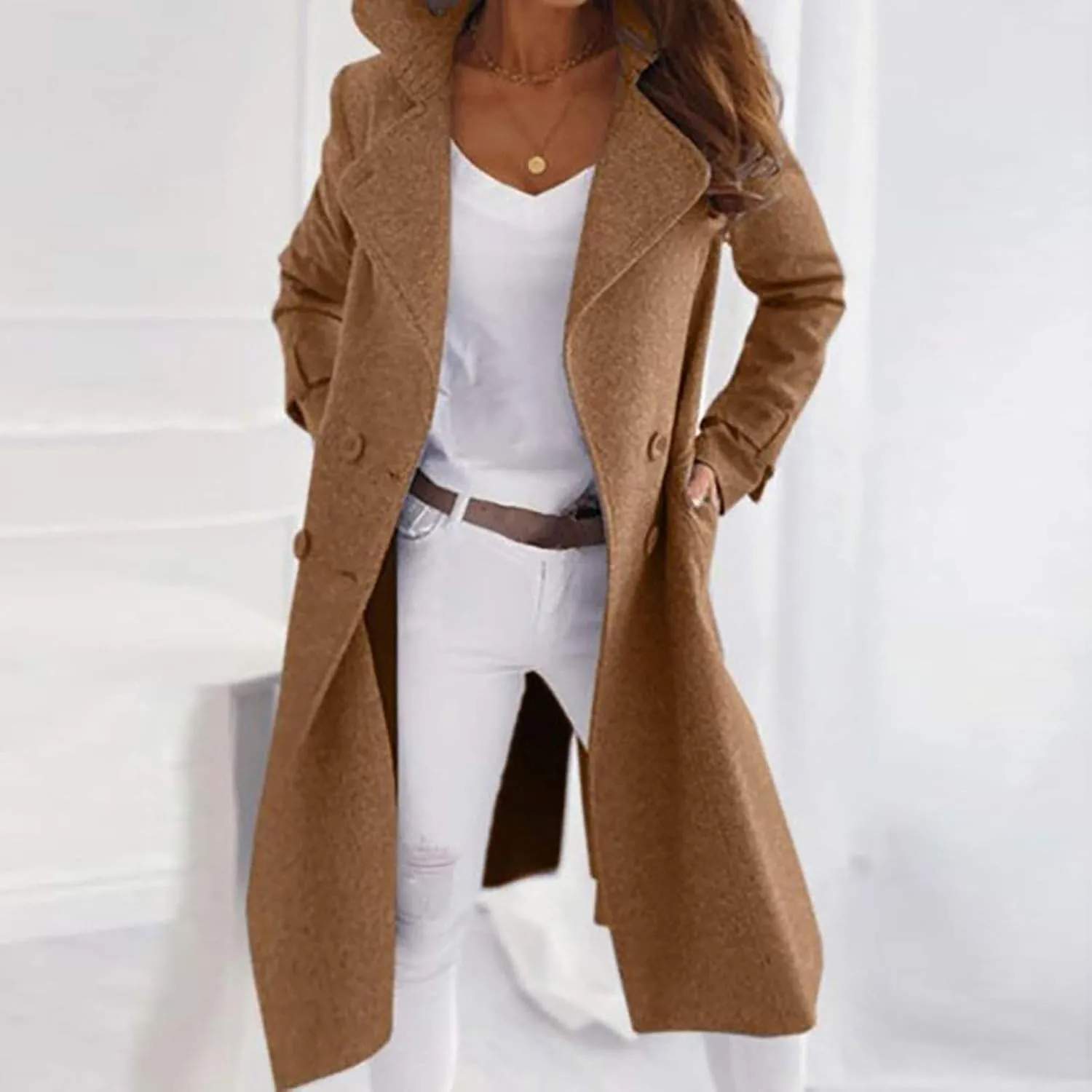 YRAETENM Pea Coats for Women Double Breasted Notched Lapel Winter Trench Coat Elegant Wool Blend over Coats Long Jackets
