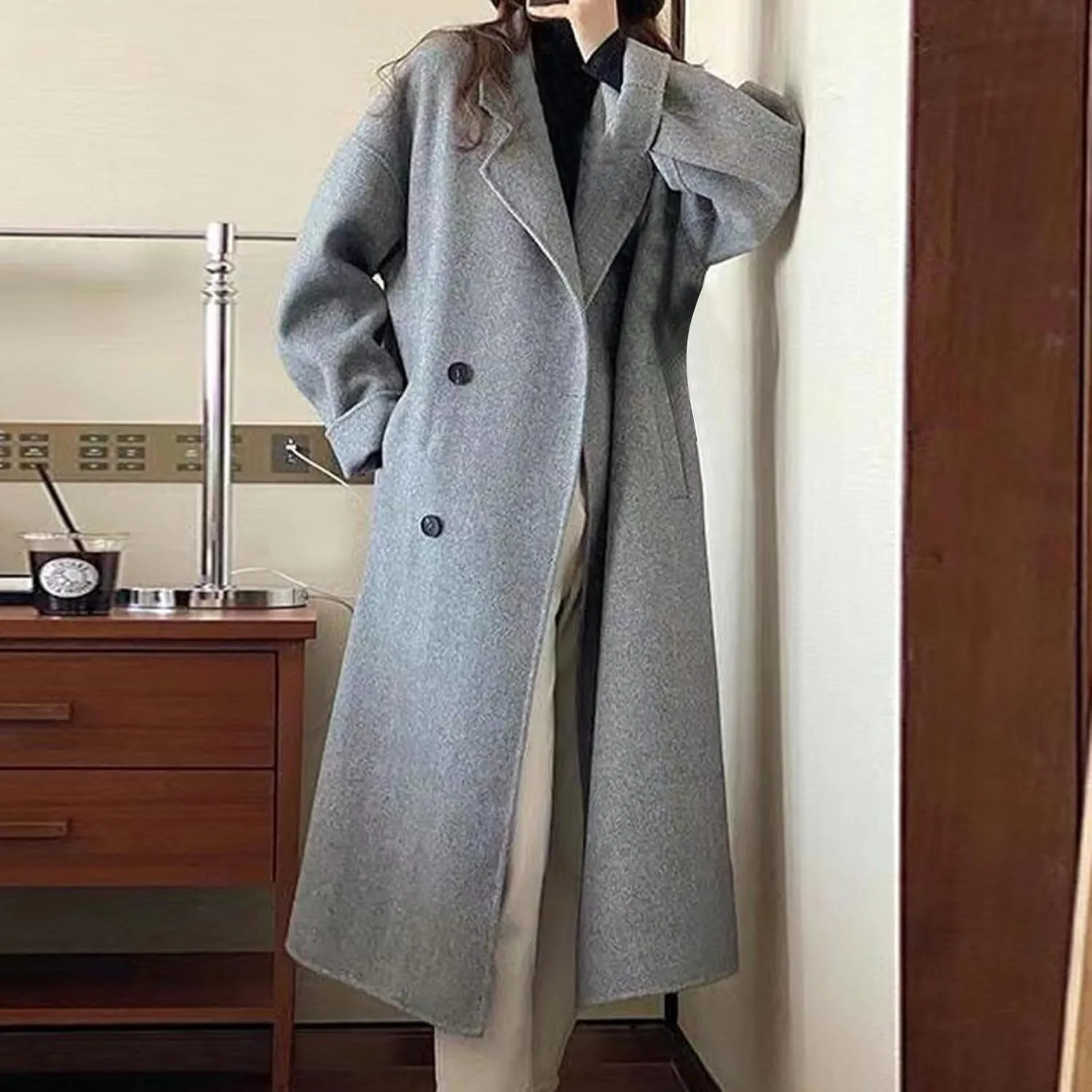 YRAETENM Trench Coat Women Double Breasted Wool Coat Long Sleeve Notch Lapel Mid Long Pea Coat Winter Overcoat with Pockets