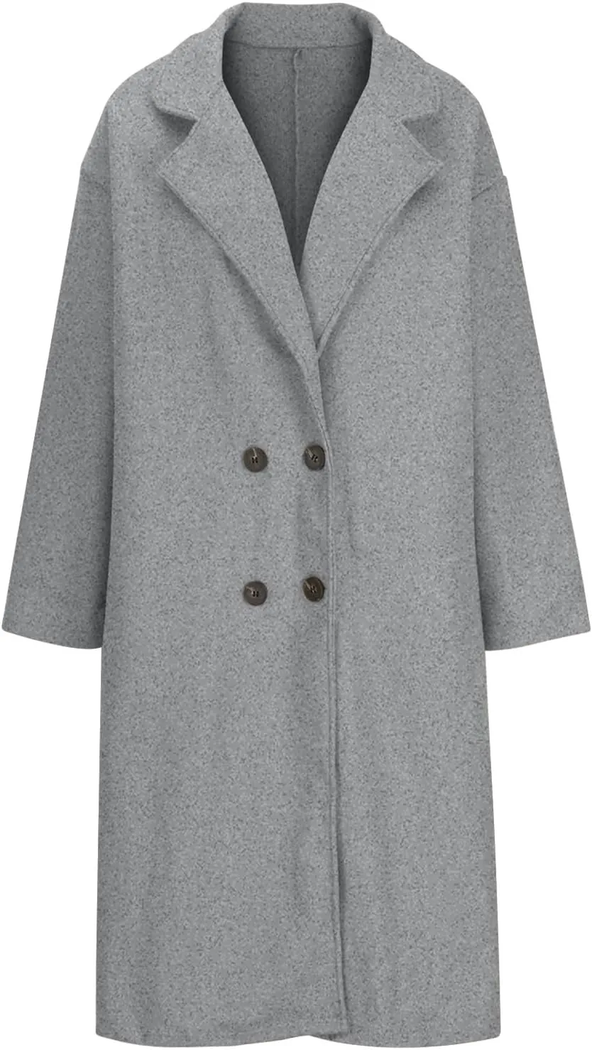YRAETENM Trench Coat Women Double Breasted Wool Coat Long Sleeve Notch Lapel Mid Long Pea Coat Winter Overcoat with Pockets