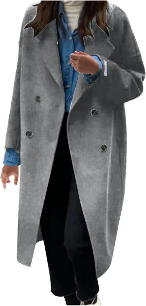 YRAETENM Trench Coat Women Double Breasted Wool Coat Long Sleeve Notch Lapel Mid Long Pea Coat Winter Overcoat with Pockets