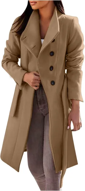 YRAETENM Trench Coat Women Winter Notch Lapel Single Breasted Long Wool Coat Casual Comfy Pea Coat Overcoat with Pockets