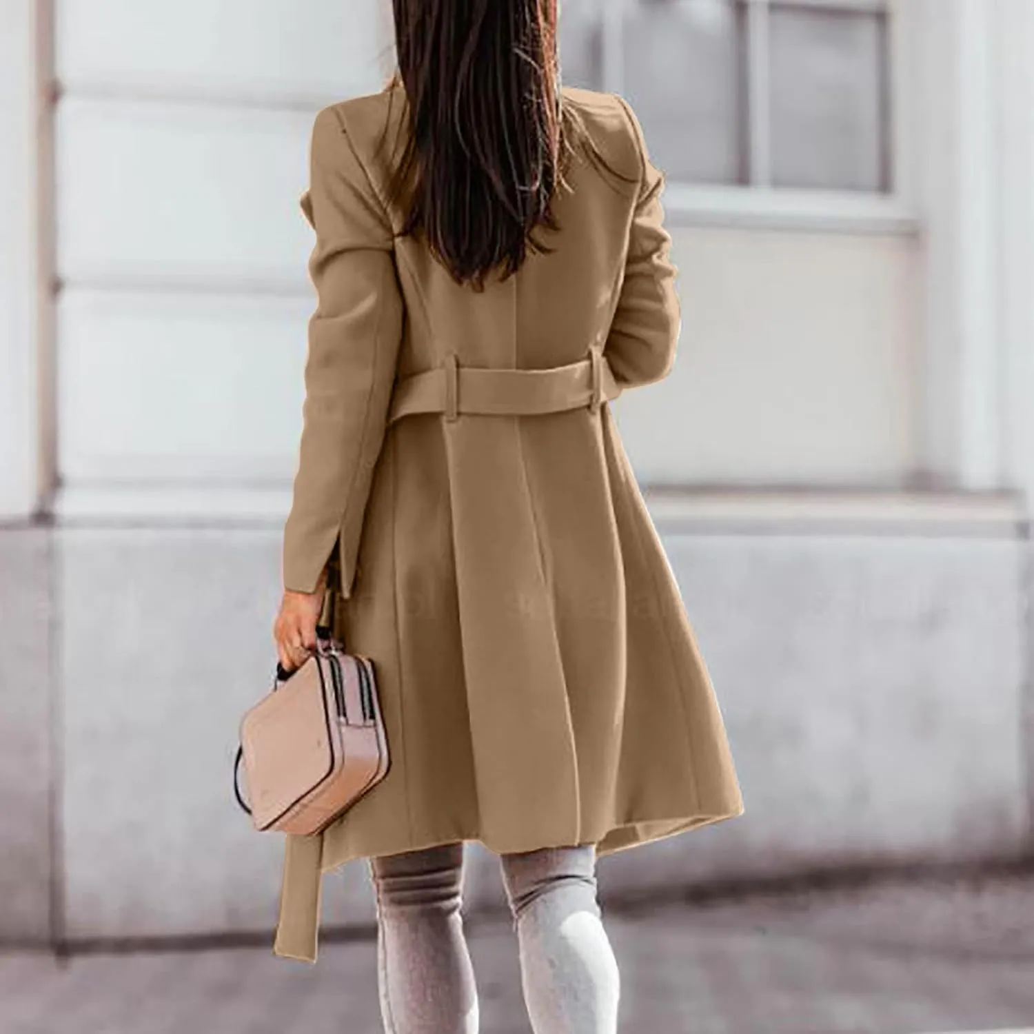 YRAETENM Trench Coat Women Winter Notch Lapel Single Breasted Long Wool Coat Casual Comfy Pea Coat Overcoat with Pockets