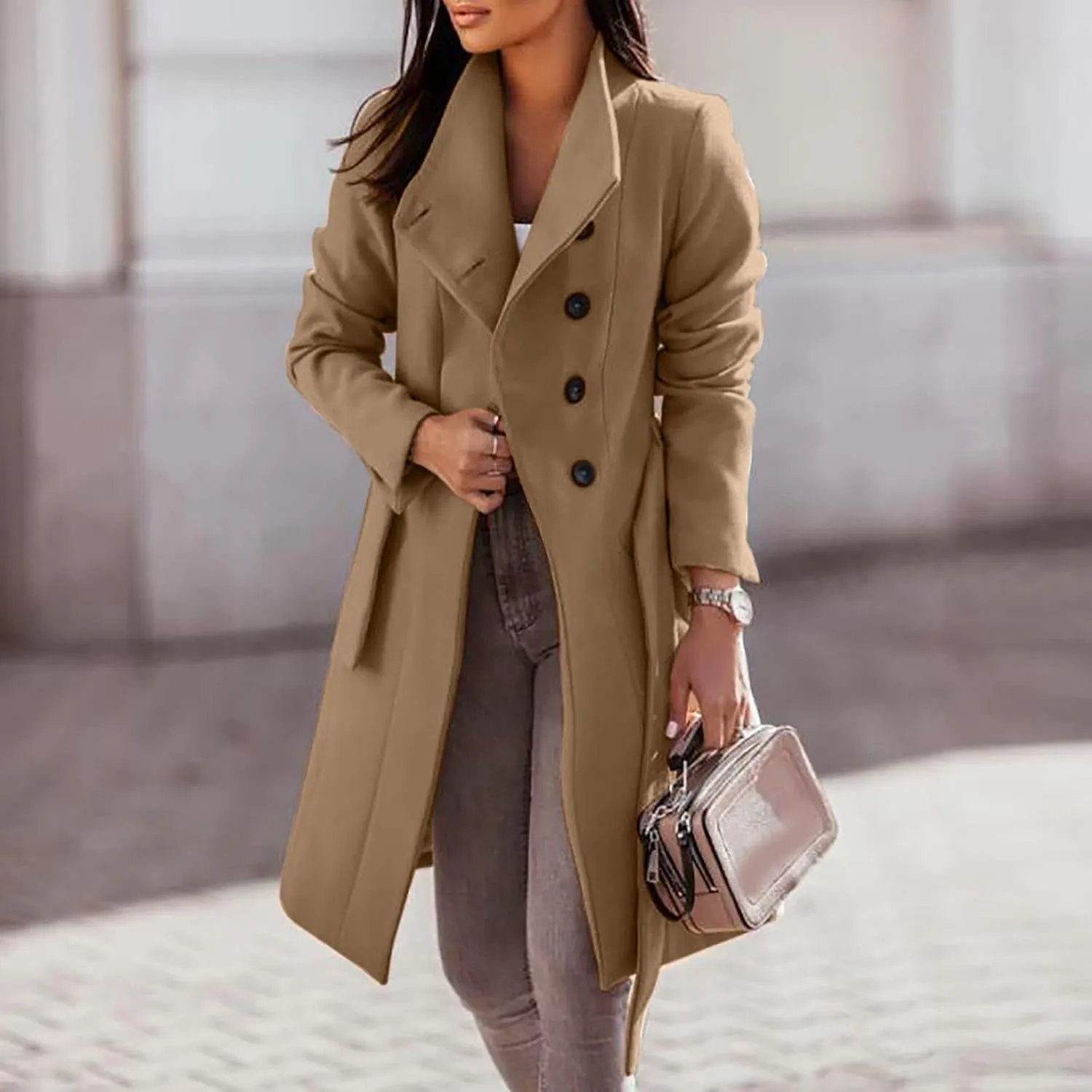 YRAETENM Trench Coat Women Winter Notch Lapel Single Breasted Long Wool Coat Casual Comfy Pea Coat Overcoat with Pockets