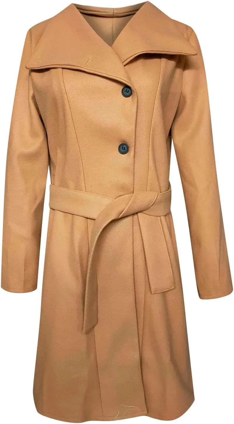 YRAETENM Trench Coat Women Winter Notch Lapel Single Breasted Long Wool Coat Casual Comfy Pea Coat Overcoat with Pockets