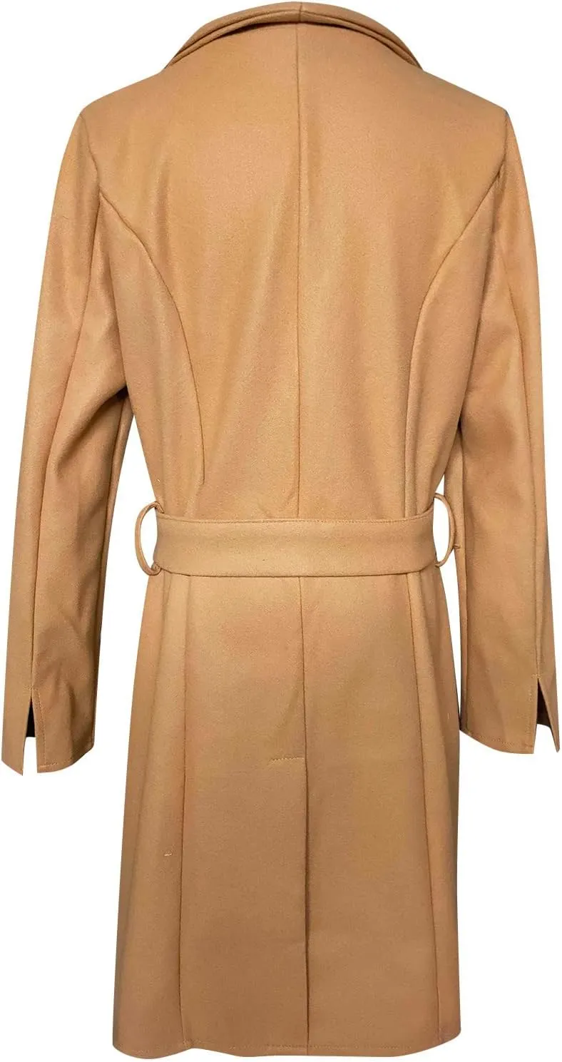 YRAETENM Trench Coat Women Winter Notch Lapel Single Breasted Long Wool Coat Casual Comfy Pea Coat Overcoat with Pockets