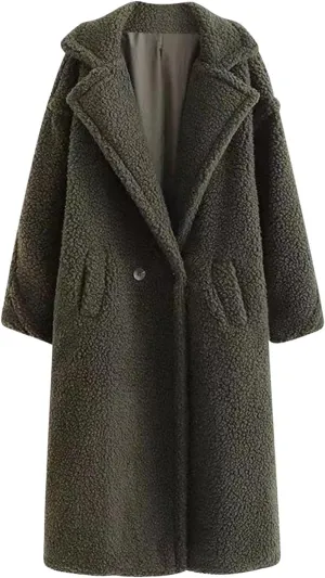 YRAETENM Winter Jackets for Women Fuzzy Fleece Lapel Shearling Trench Coats Casual Warm Long Overcoat Outwear with Pockets