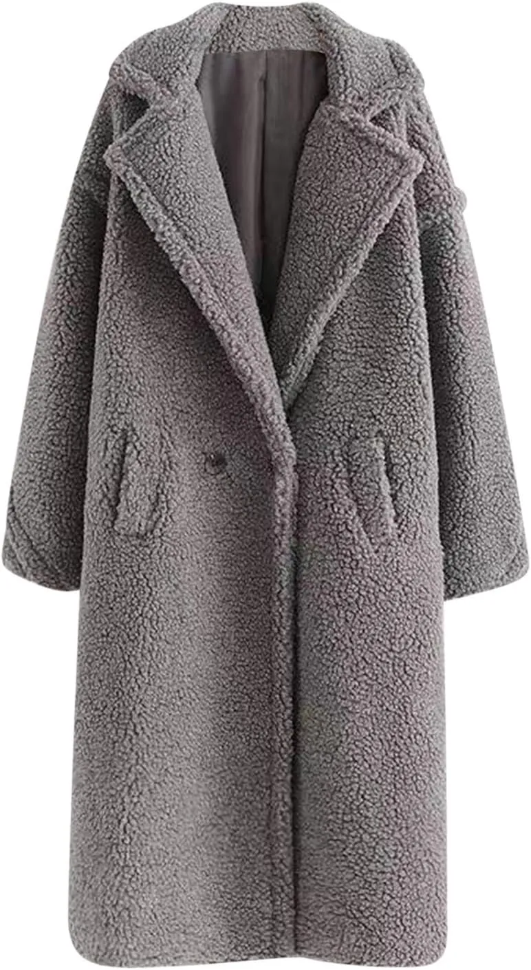 YRAETENM Winter Jackets for Women Fuzzy Fleece Lapel Shearling Trench Coats Casual Warm Long Overcoat Outwear with Pockets