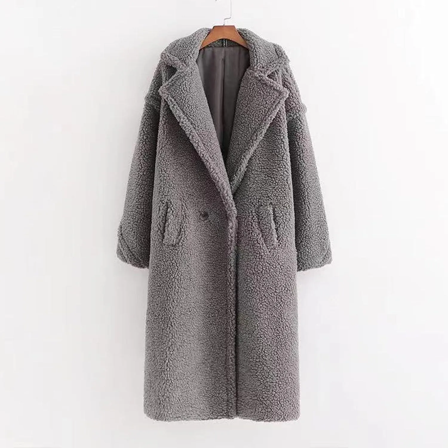 YRAETENM Winter Jackets for Women Fuzzy Fleece Lapel Shearling Trench Coats Casual Warm Long Overcoat Outwear with Pockets