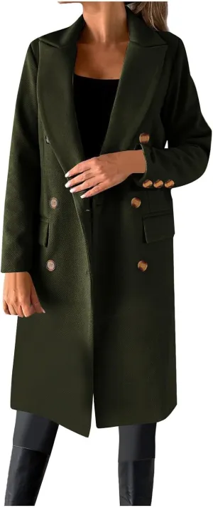 YRAETENM Women Casual Double Breasted Mid Long Pea Coat Winter Notch Lapel Collar Wool Coats Plus Size Blazer Jackets Outwear