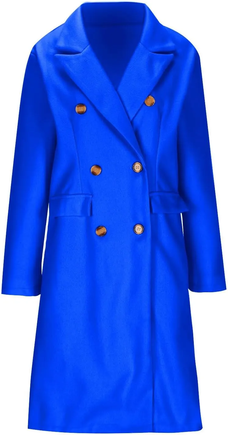 YRAETENM Women Casual Double Breasted Mid Long Pea Coat Winter Notch Lapel Collar Wool Coats Plus Size Blazer Jackets Outwear