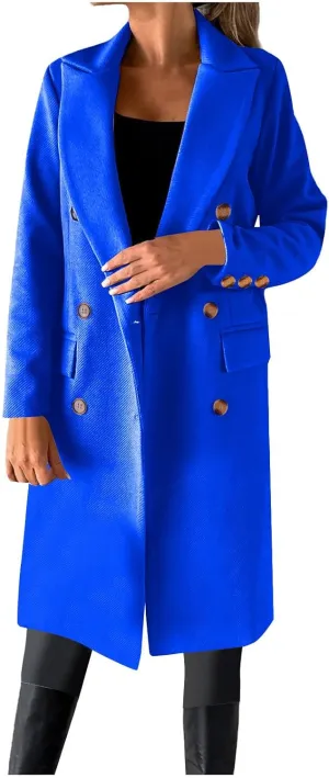 YRAETENM Women Casual Double Breasted Mid Long Pea Coat Winter Notch Lapel Collar Wool Coats Plus Size Blazer Jackets Outwear