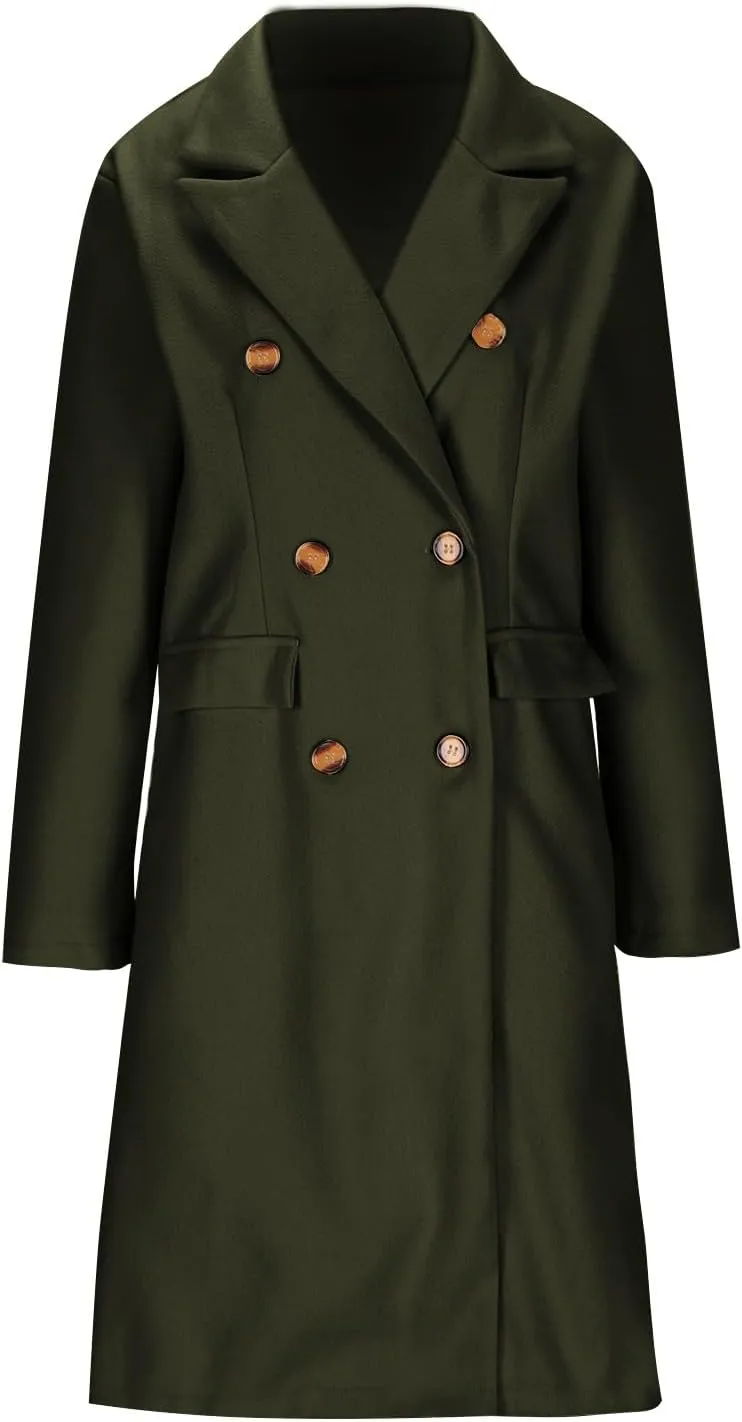YRAETENM Women Casual Double Breasted Mid Long Pea Coat Winter Notch Lapel Collar Wool Coats Plus Size Blazer Jackets Outwear