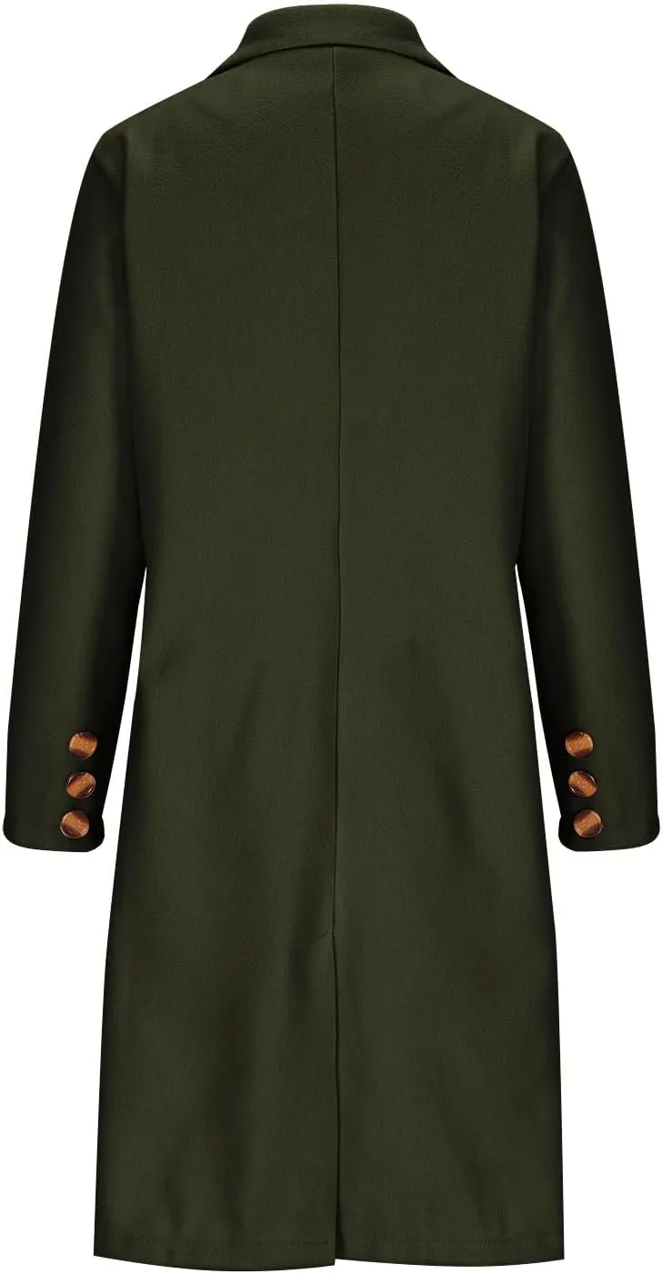 YRAETENM Women Casual Double Breasted Mid Long Pea Coat Winter Notch Lapel Collar Wool Coats Plus Size Blazer Jackets Outwear