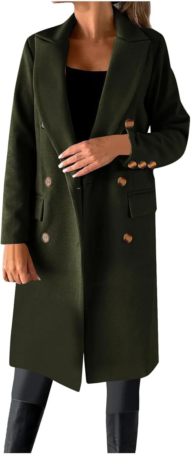 YRAETENM Women Casual Double Breasted Mid Long Pea Coat Winter Notch Lapel Collar Wool Coats Plus Size Blazer Jackets Outwear