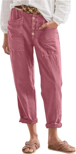 YRAETENM Women Cotton Linen Pants Casual Button High Waisted Petite Joggers Comfy Capris Tapered Ankle Trousers with Pockets
