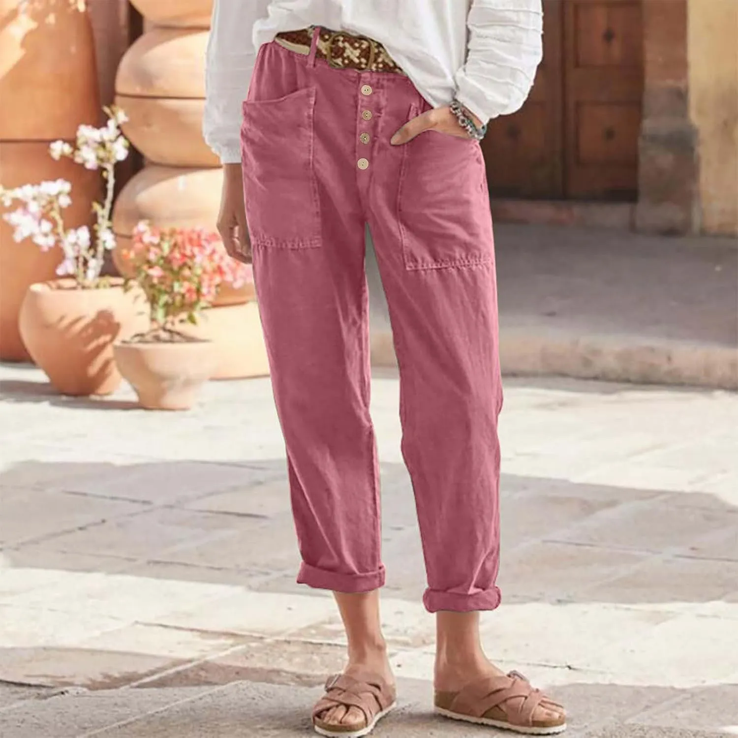 YRAETENM Women Cotton Linen Pants Casual Button High Waisted Petite Joggers Comfy Capris Tapered Ankle Trousers with Pockets