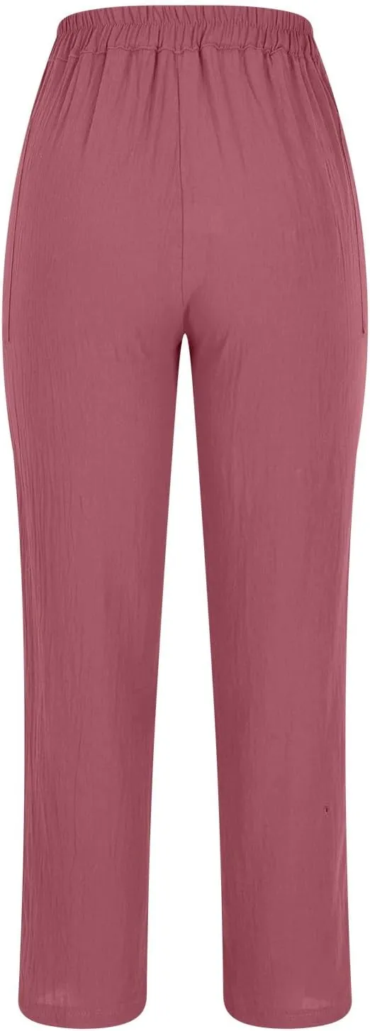 YRAETENM Women Cotton Linen Pants Casual Button High Waisted Petite Joggers Comfy Capris Tapered Ankle Trousers with Pockets