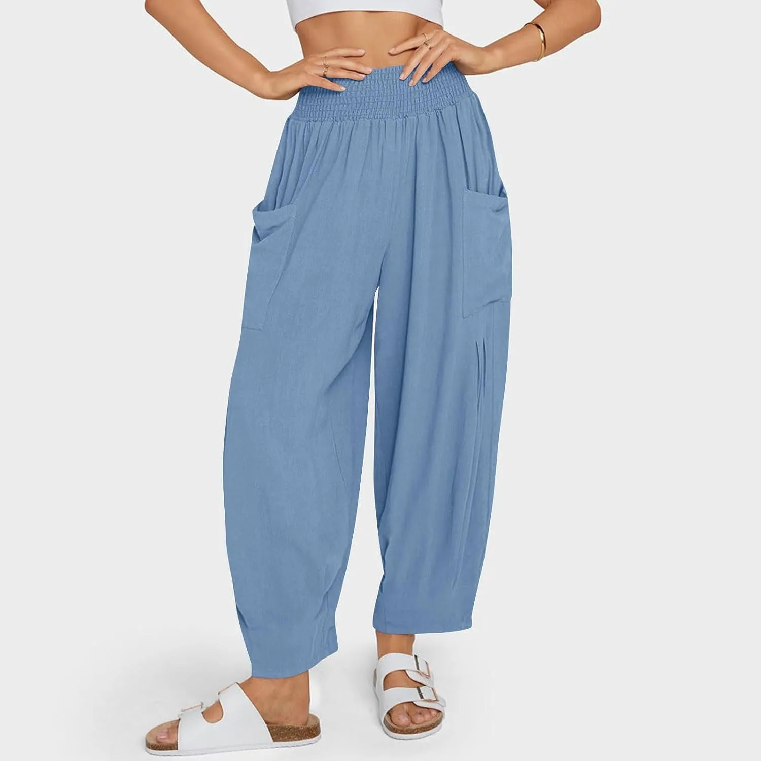 YRAETENM Women Linen Boho Pants Summer Casual Loose High Waist Harem Pants Lounge Trousers Beach Travel Vacation Outfits