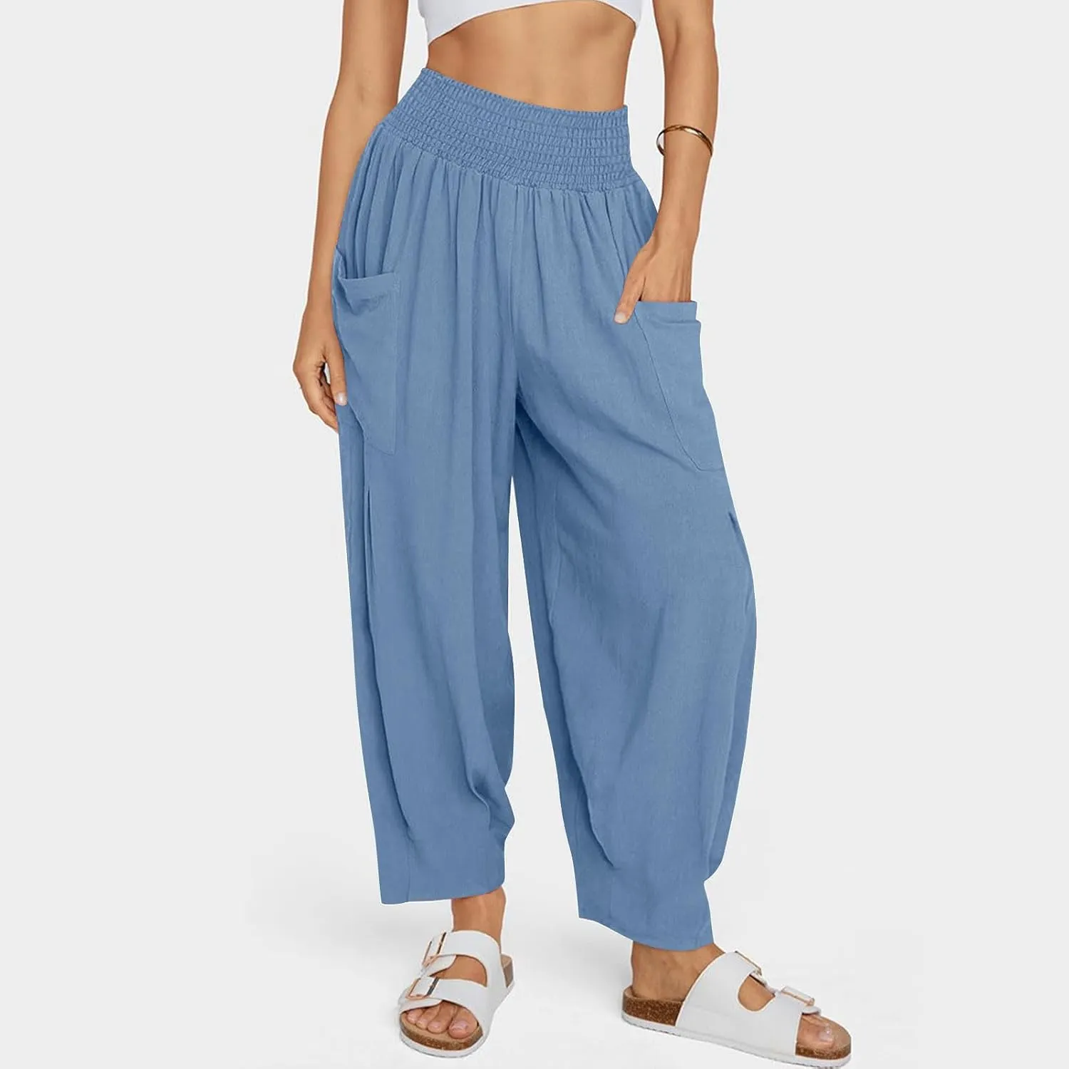 YRAETENM Women Linen Boho Pants Summer Casual Loose High Waist Harem Pants Lounge Trousers Beach Travel Vacation Outfits