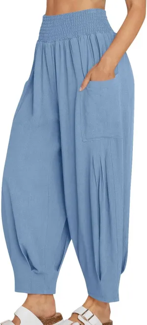 YRAETENM Women Linen Boho Pants Summer Casual Loose High Waist Harem Pants Lounge Trousers Beach Travel Vacation Outfits