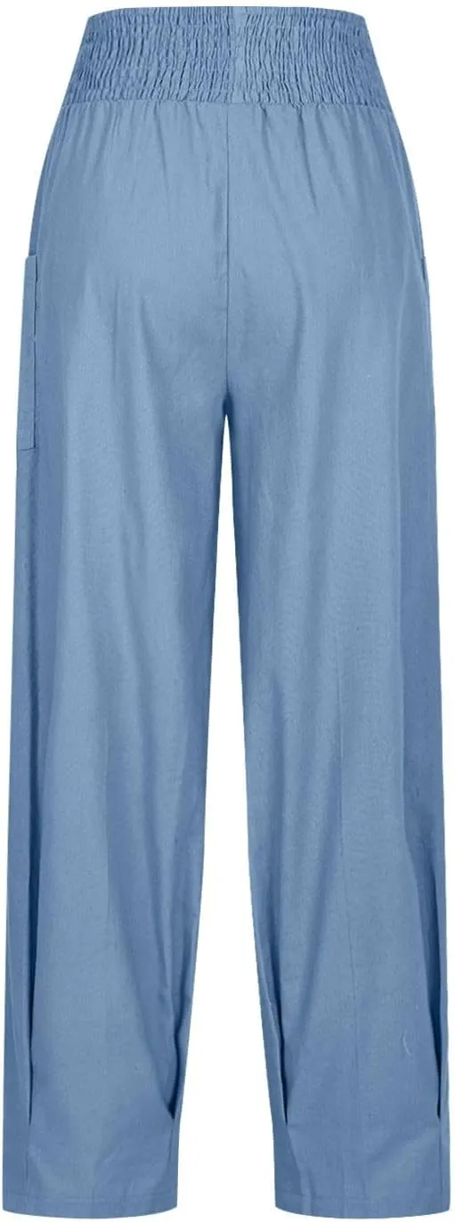 YRAETENM Women Linen Boho Pants Summer Casual Loose High Waist Harem Pants Lounge Trousers Beach Travel Vacation Outfits