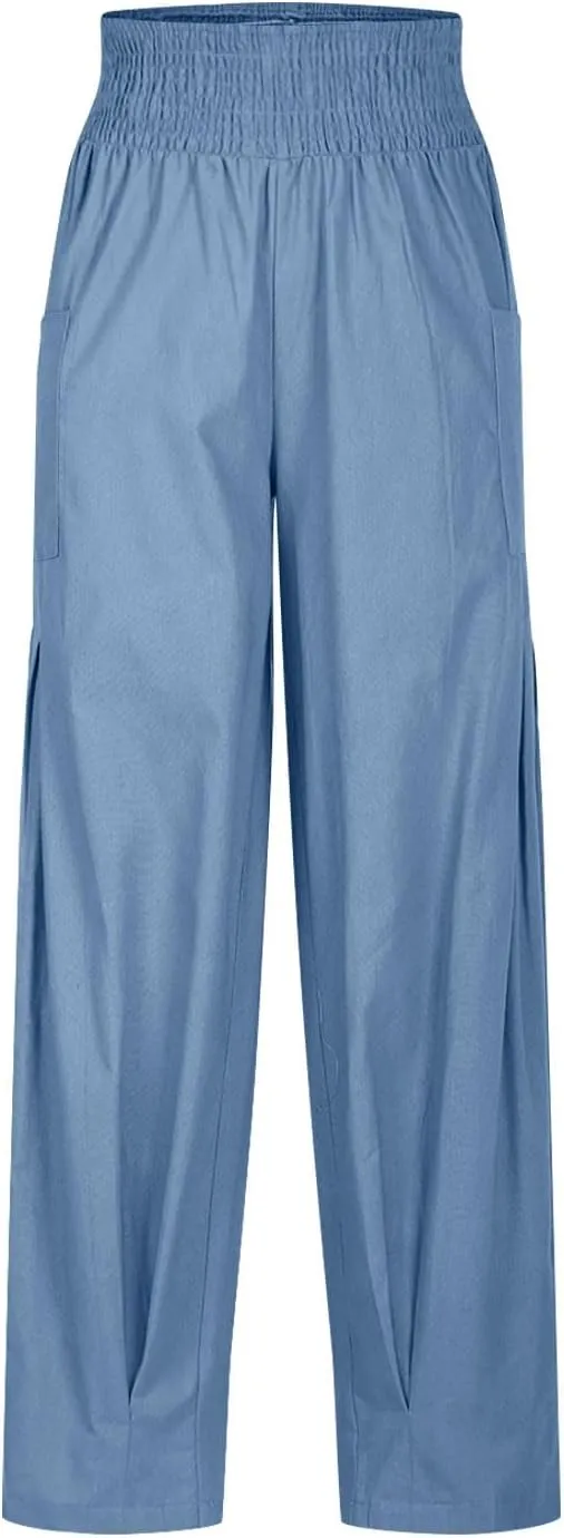YRAETENM Women Linen Boho Pants Summer Casual Loose High Waist Harem Pants Lounge Trousers Beach Travel Vacation Outfits