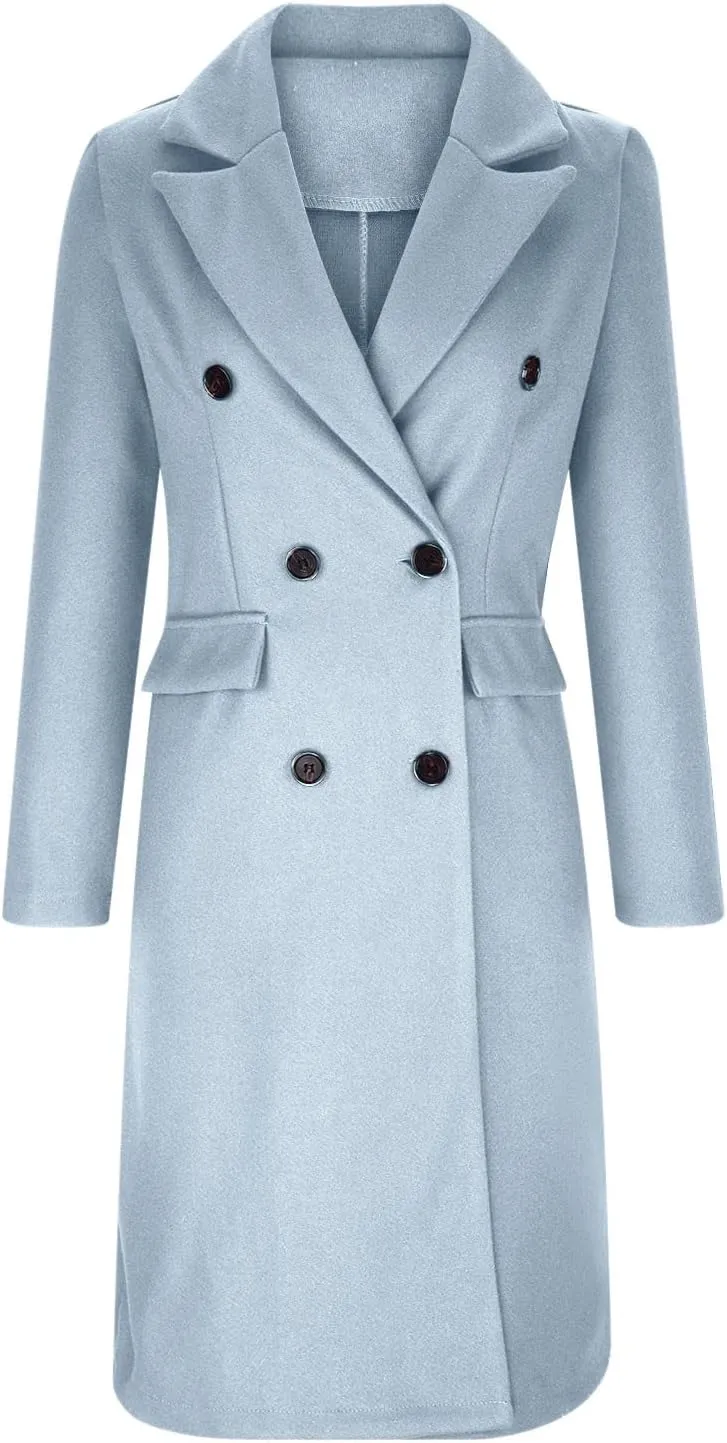 YRAETENM Women Wool Blend Pea Coat Casual Notched Collar Double Breasted Mid-Long Trench Coat Winter Thick Overcoat Outwear