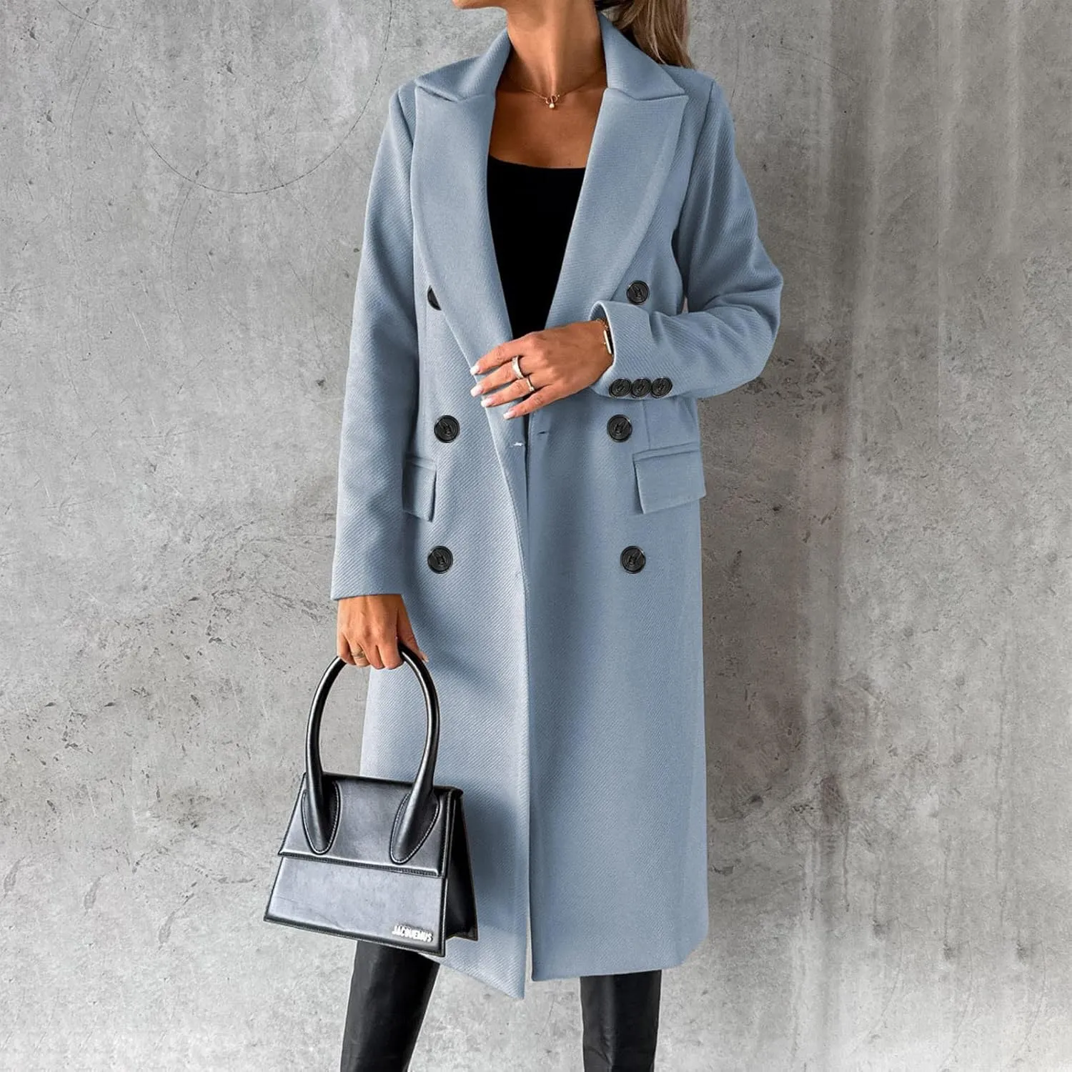 YRAETENM Women Wool Blend Pea Coat Casual Notched Collar Double Breasted Mid-Long Trench Coat Winter Thick Overcoat Outwear