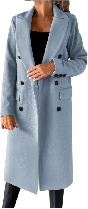 YRAETENM Women Wool Blend Pea Coat Casual Notched Collar Double Breasted Mid-Long Trench Coat Winter Thick Overcoat Outwear