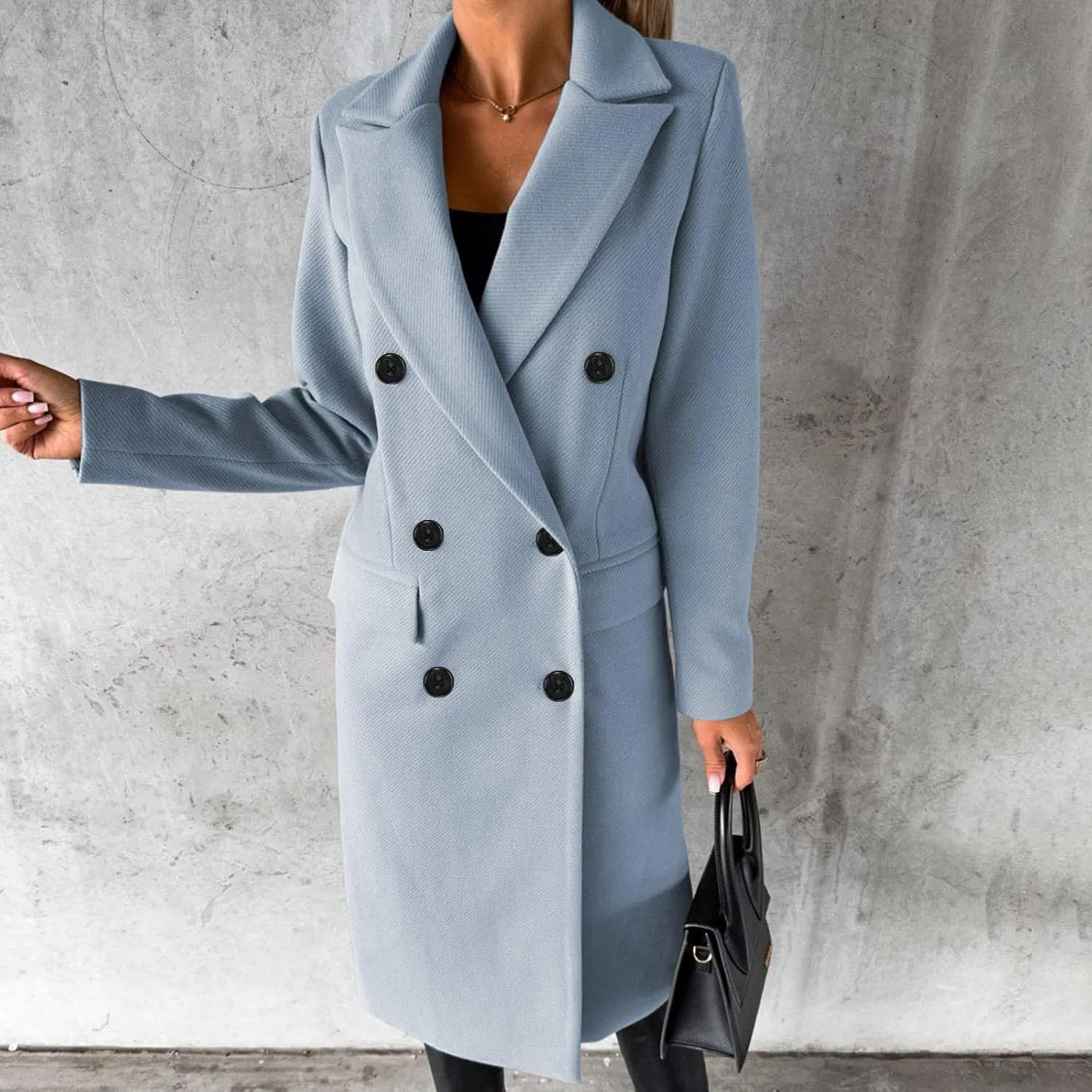 YRAETENM Women Wool Blend Pea Coat Casual Notched Collar Double Breasted Mid-Long Trench Coat Winter Thick Overcoat Outwear