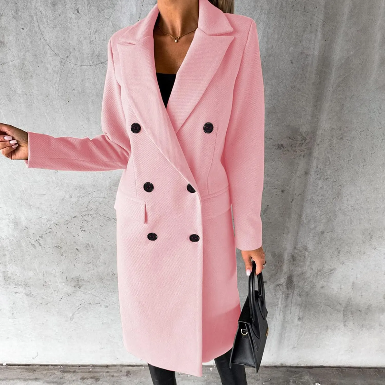 YRAETENM Women Wool Blend Pea Coat Casual Notched Collar Double Breasted Mid-Long Trench Coat Winter Thick Overcoat Outwear