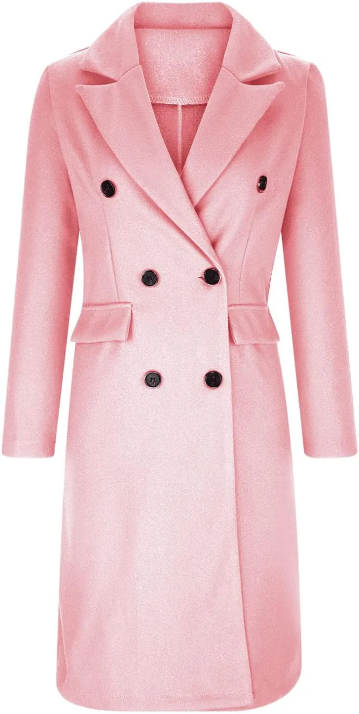 YRAETENM Women Wool Blend Pea Coat Casual Notched Collar Double Breasted Mid-Long Trench Coat Winter Thick Overcoat Outwear
