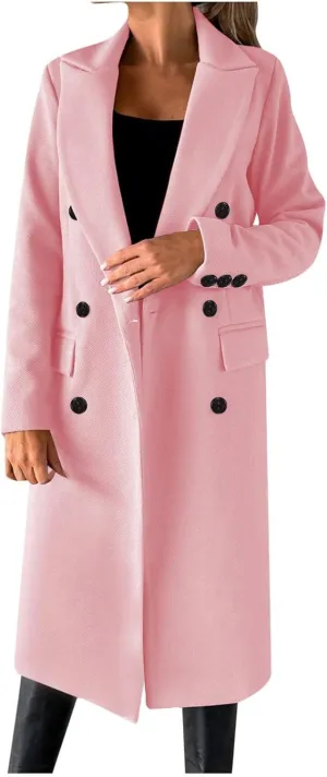 YRAETENM Women Wool Blend Pea Coat Casual Notched Collar Double Breasted Mid-Long Trench Coat Winter Thick Overcoat Outwear